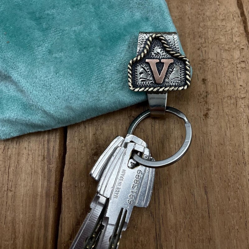 Handmade Cow Tag Belt  Key Holder with Custom Initial.