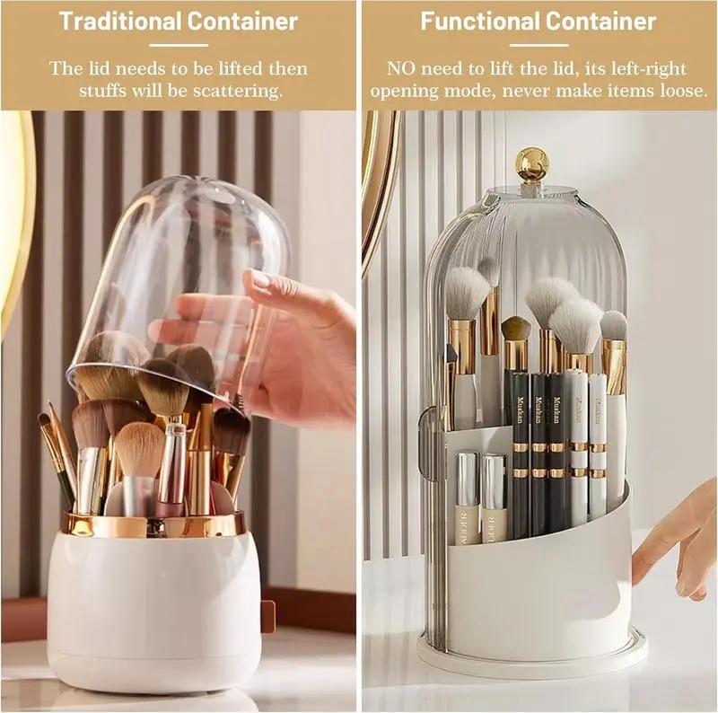 360° Rotating Makeup Brush Holder with Dustproof Lid – Clear Cosmetic Organizer for Vanity & Bathroom
