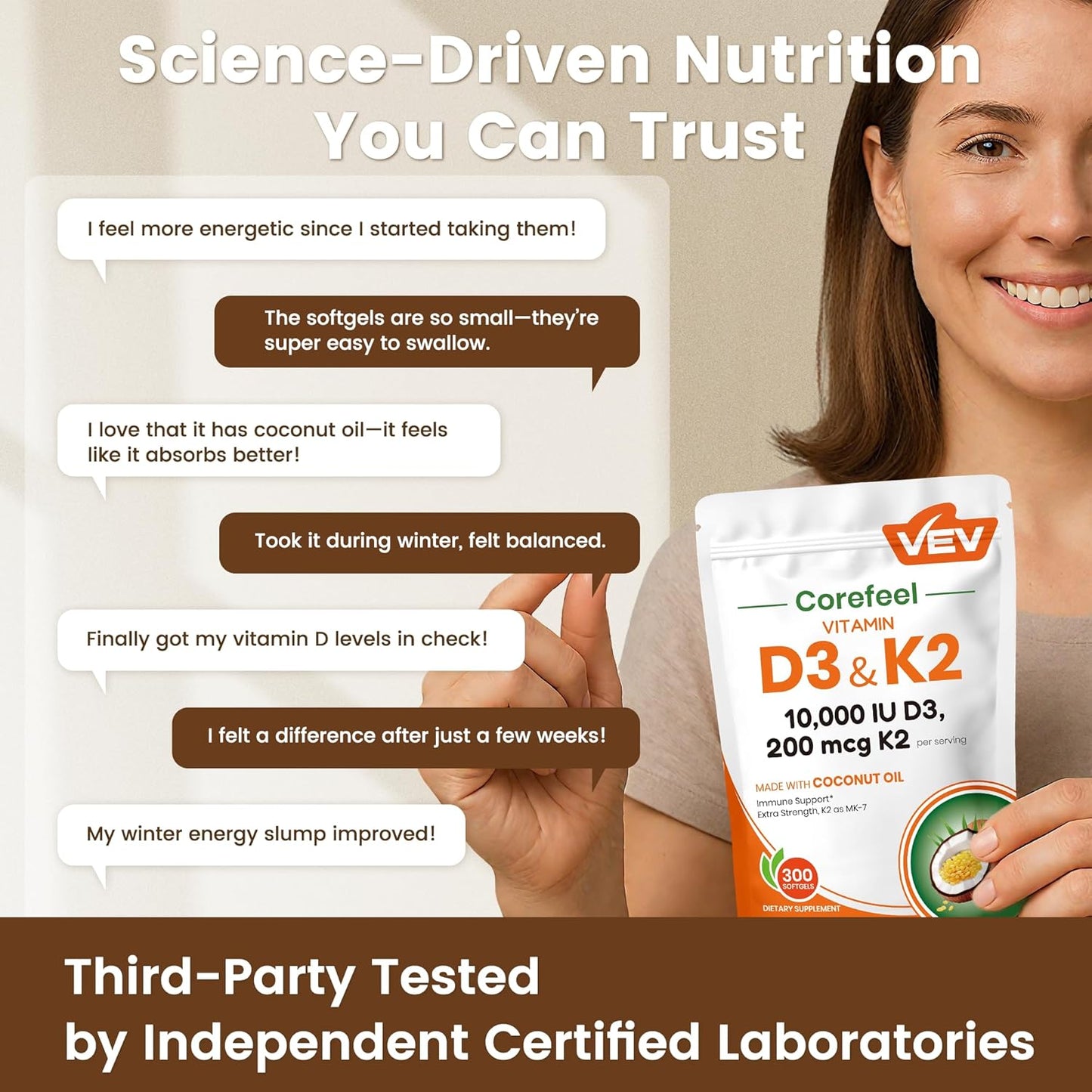 High-Potency Vitamin D3 K2 MK-7 | Complete Bone & Cardiovascular Support in Coconut Oil | 300 Softgels, Easy to Swallow