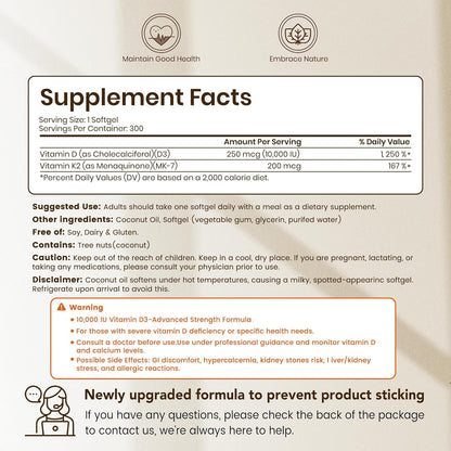 High-Potency Vitamin D3 K2 MK-7 | Complete Bone & Cardiovascular Support in Coconut Oil | 300 Softgels, Easy to Swallow