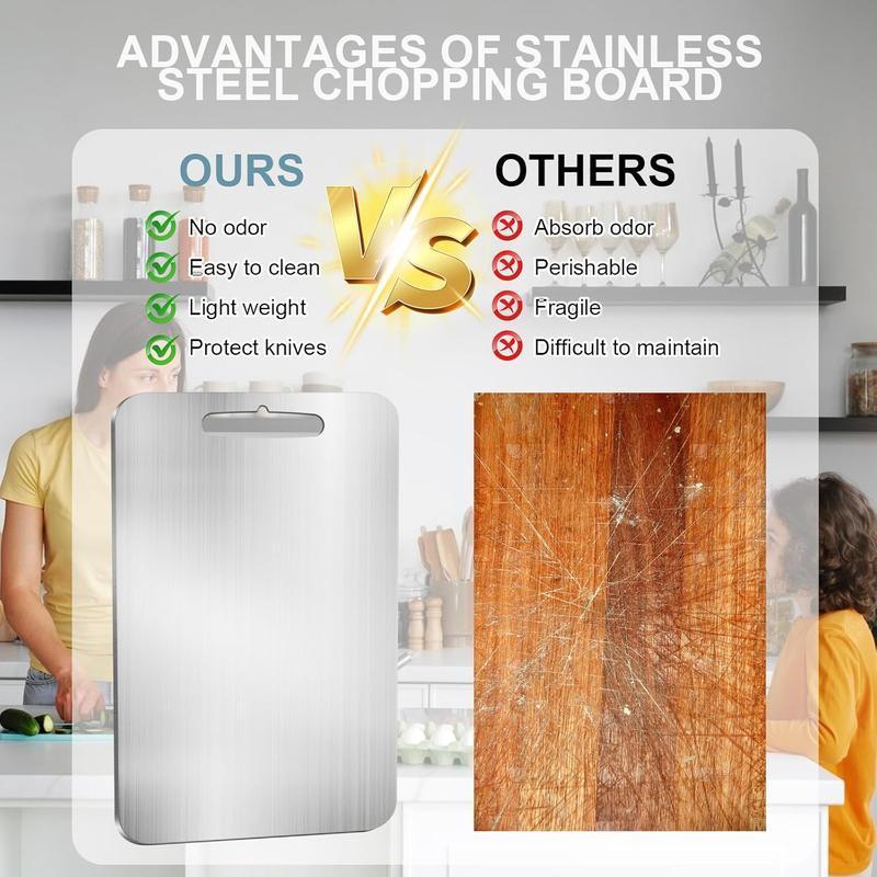 Stainless Steel Cutting Board , Food-Grade Double-Sided, Thin with Multiple Sizes, Universal for Meat & Fruits, Easy to Clean & Antibacterial Chopping Kitchen Knives