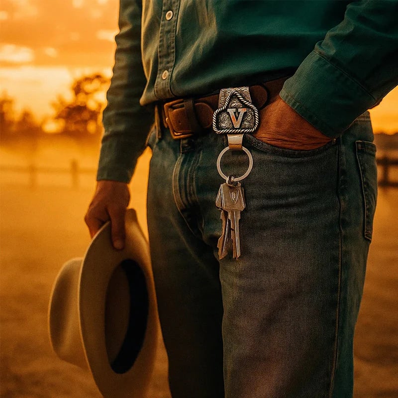 Handmade Cow Tag Belt  Key Holder with Custom Initial.