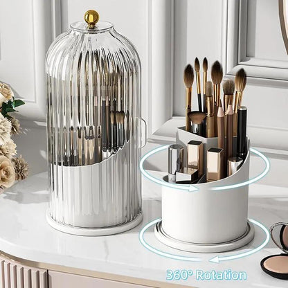 360° Rotating Makeup Brush Holder with Dustproof Lid – Clear Cosmetic Organizer for Vanity & Bathroom