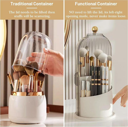 360° Rotating Makeup Brush Holder with Dustproof Lid – Clear Cosmetic Organizer for Vanity & Bathroom